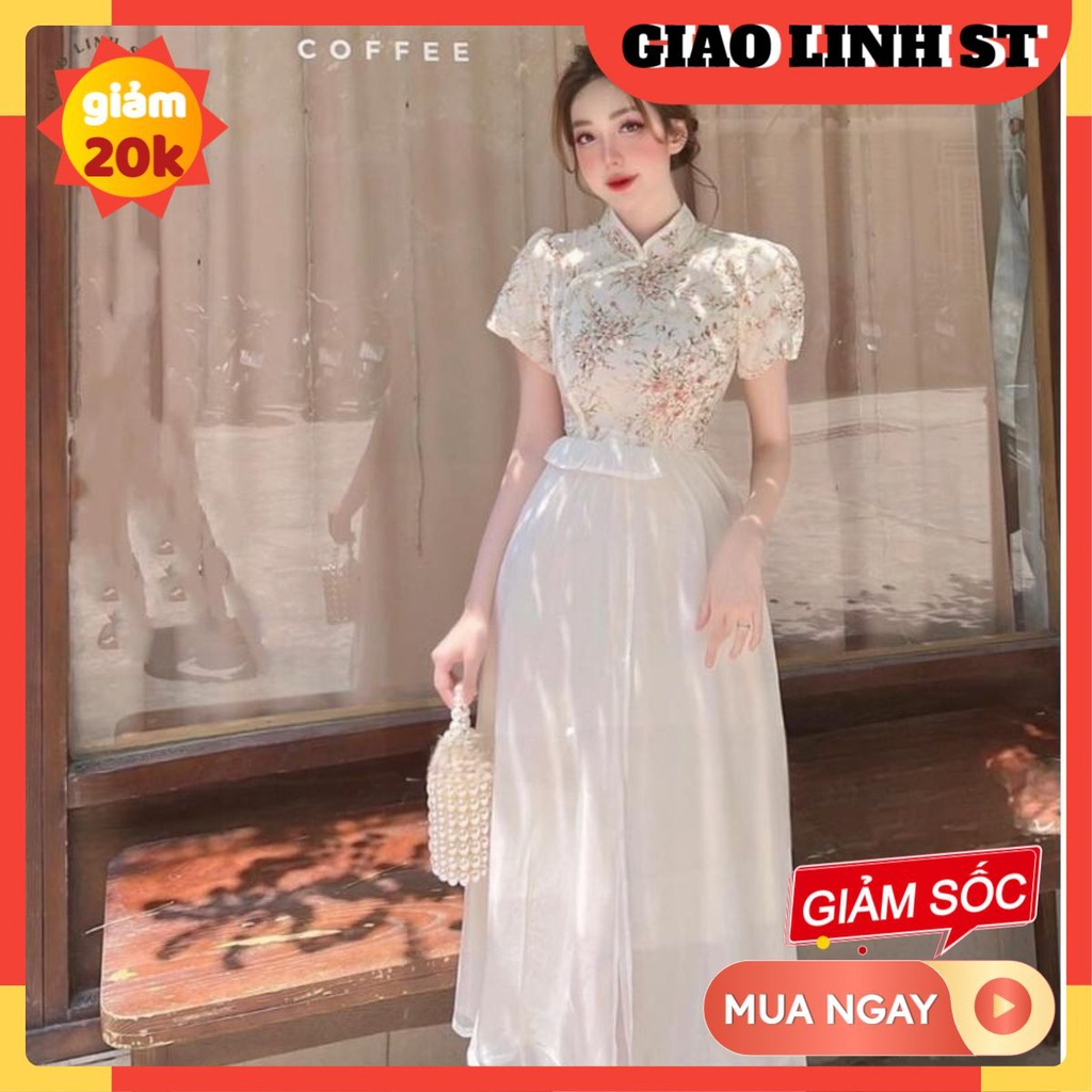 Đầm hoa dài qua gối dáng dài cổ tàu tay phồng ngắn đính cườm phối voan mẫu mới dự tiệc sang trọng có SIZE