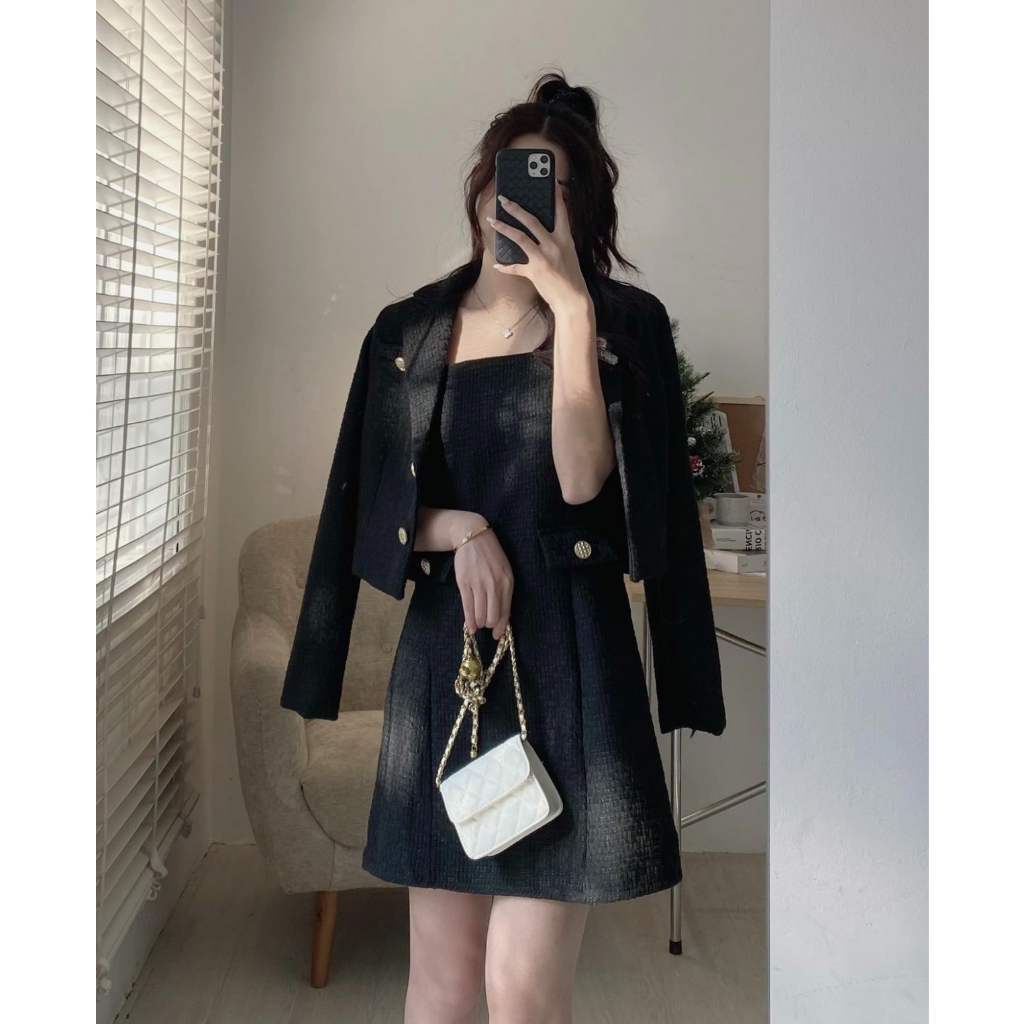 SET DẠ TWEED VÁY HAI DÂY KÈM ÁO KHOÁC VEST DÁNG CROPTOP SDTTVH