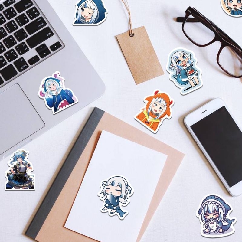 Set combo 50 miếng dán sticker anime Hololive Gawr Gura dán nón mũ bảo hiểm laptop vali sổ tay đàn guitar điện thoại