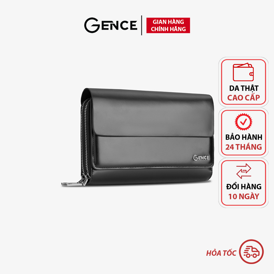 Ví da nam cầm tay chính hãng Gence da bò Box màu đen 2 khóa HT02 bảo hành 24 tháng