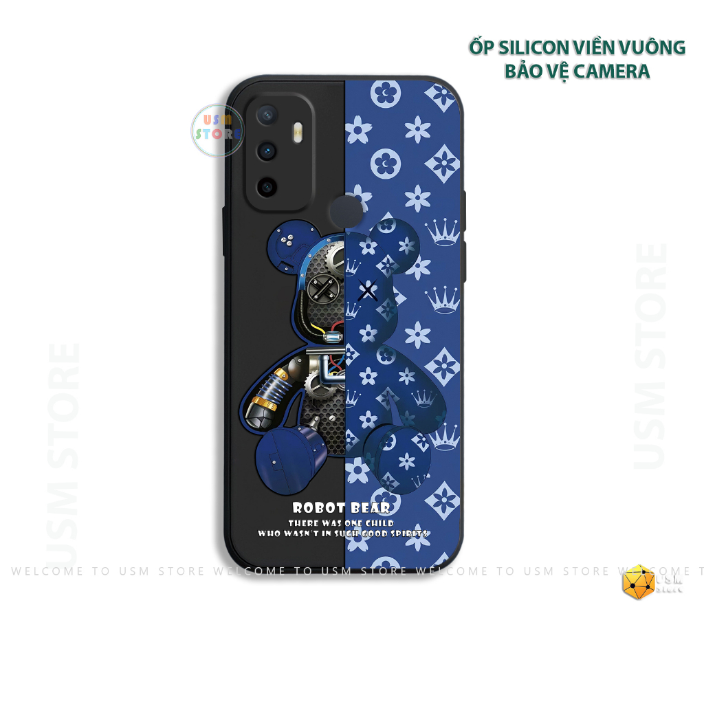 Ốp lưng OPPO F3 LITE / A11S 2021 / A32 / A33 / NEO7 / A37 / NEO 9, viền vuông bảo vệ camera,TPU, Bearbick xanh nâu