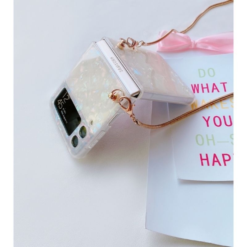 Ốp Z Flip 4 - Z Flip 3 - Z Flip3 - Flip4 5G vân đá lấp lánh viền dẻo kèm dây xích nhuyễn đeo chéo sang trọng