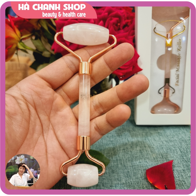 Cây Lăn Massage Mặt Đá Thạch Anh Hồng Hai Đầu Mát Xa Mặt Mắt Dụng Cụ Spa Đẩy Tinh Chất Dưỡng Sinh Chăm Sóc Da