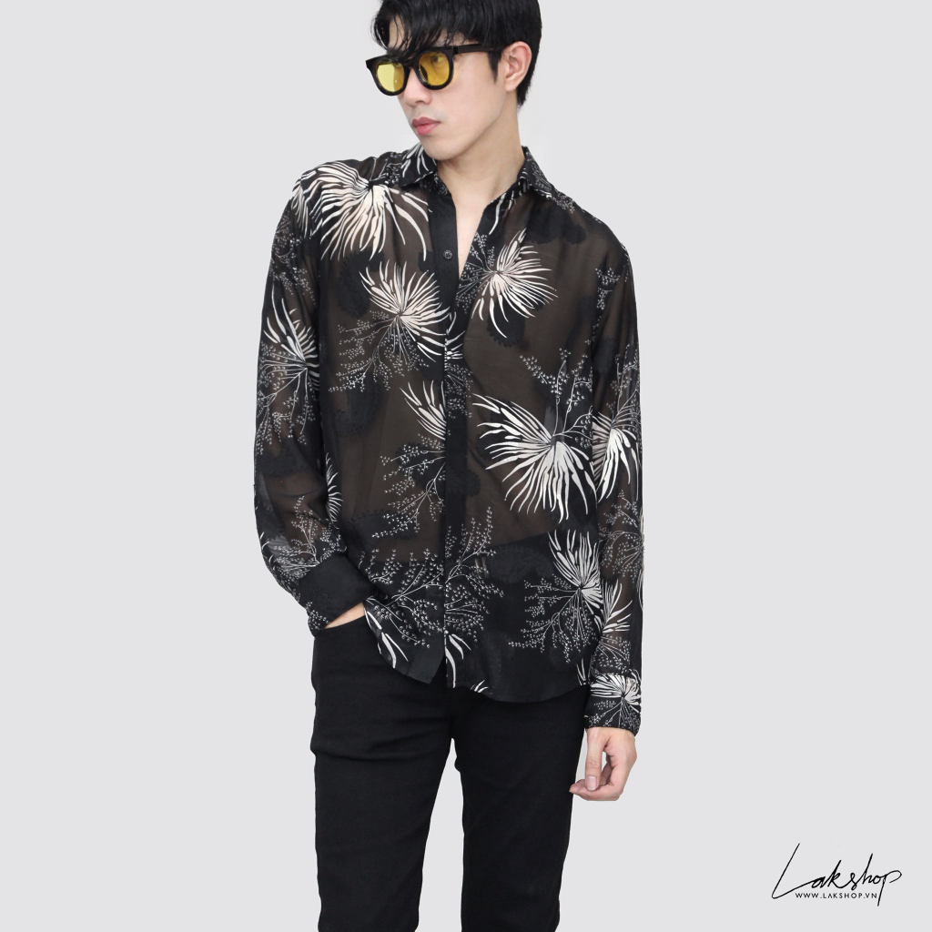 Áo sơmi xuyên thấu Lak Studios Fan Palm x Paisley Black Silk Shirt