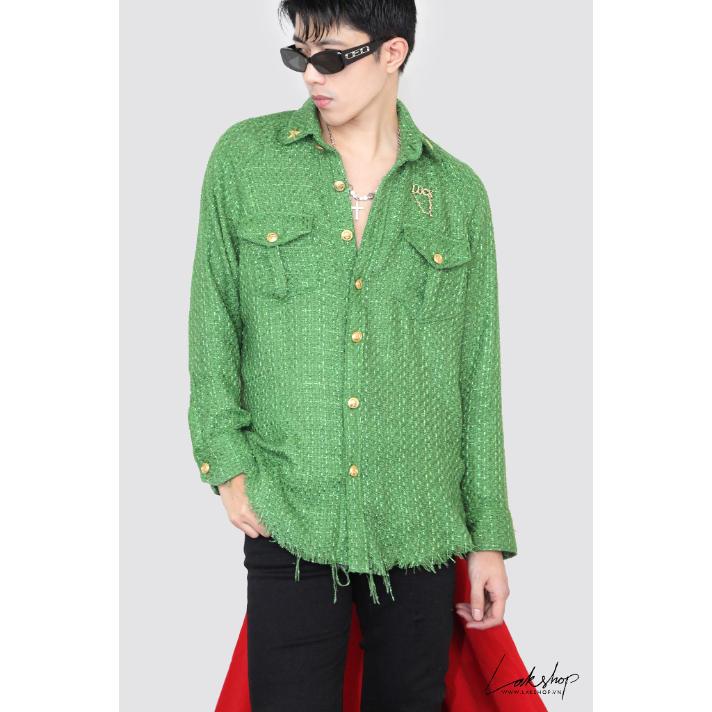 Áo Sơmi Dạ Lak Studios Luck Star Brooch Green Tweed Shirt