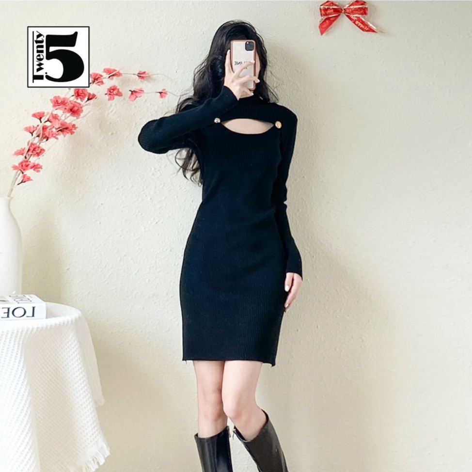 Đầm len gân nữ dài tay dáng ôm body co dãn khoét ngực Twentyfive 4469