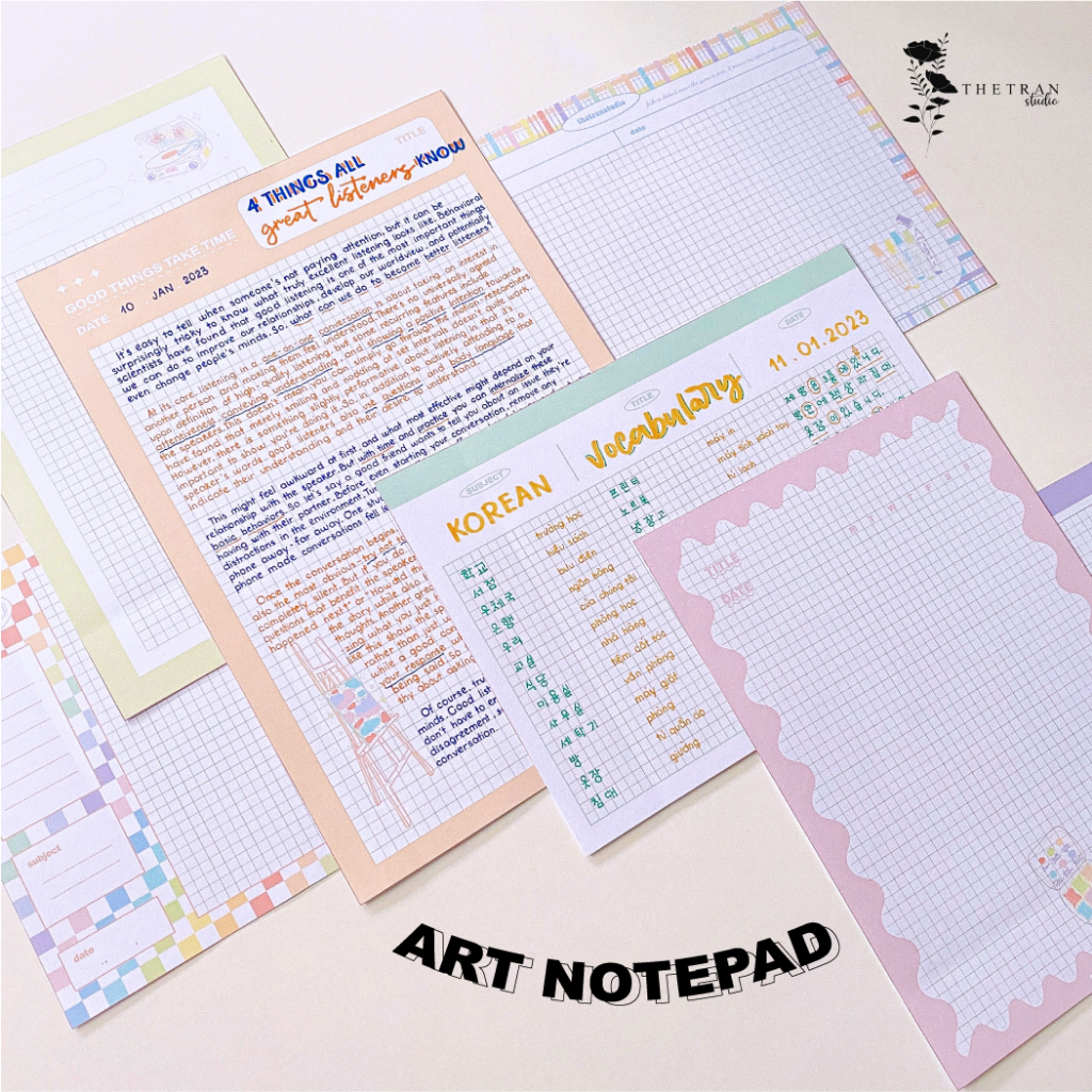 Bộ 10 tờ giấy ghi chép kẻ caro - A4, B5, A5, A6 - dọc, ngang pastel / art notepad / thetranstudio