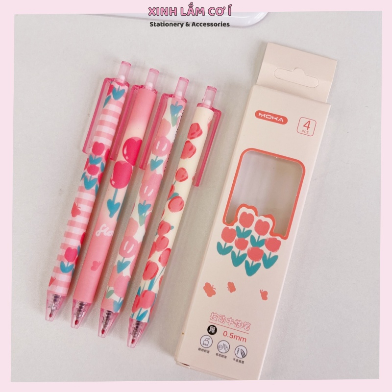 Sét 4 bút  Moka mực Gel Đen 0.5mm in hình hoa xinh xắn