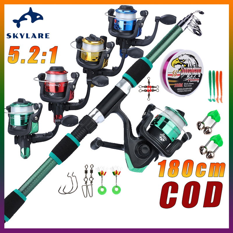 Bộ cần câu máy tặng kèm dây câu, 1.8M Cần câu+6BB Máy câu cá lưỡi câu và phụ kiện đầy đủ như hình