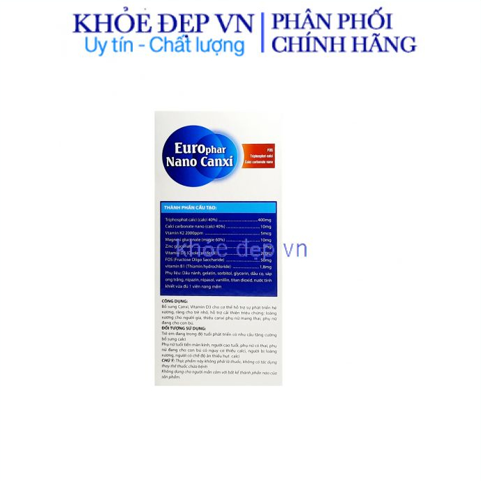 Viên uống Nano Canxi Vitamin K2 D3 bổ sung canxi, hỗ trợ phát triển xương và chống loãng xương – Hộp 60 viên