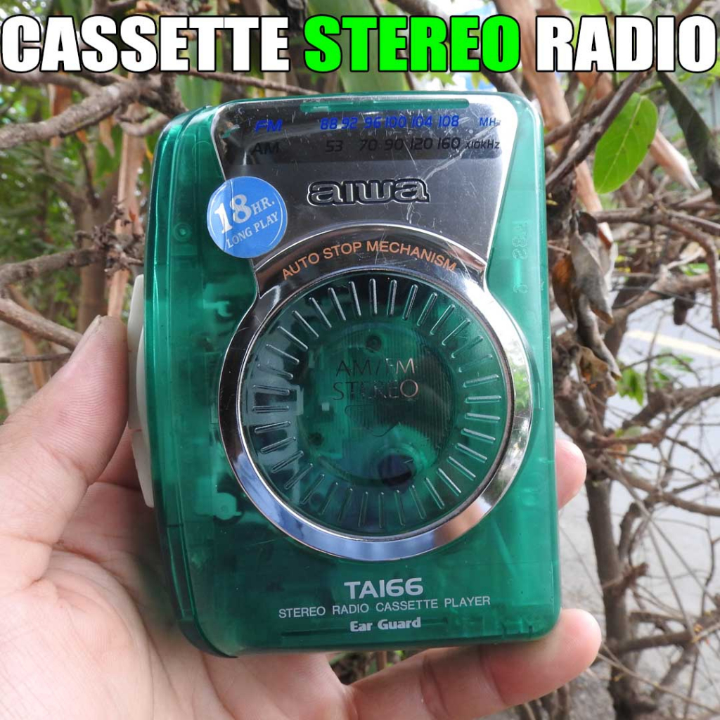 Máy nghe nhạc Cassette Stereo AIWA TA166 trong suốt màu xanh có thu đài Radio AM FM108 tiện lợi