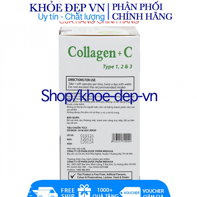 Viên uống đẹp da Collagen +C bổ sung Vitamin A E C giảm nám , tàn nhang ,sạm da Hộp 60 viên , collagen xoăn