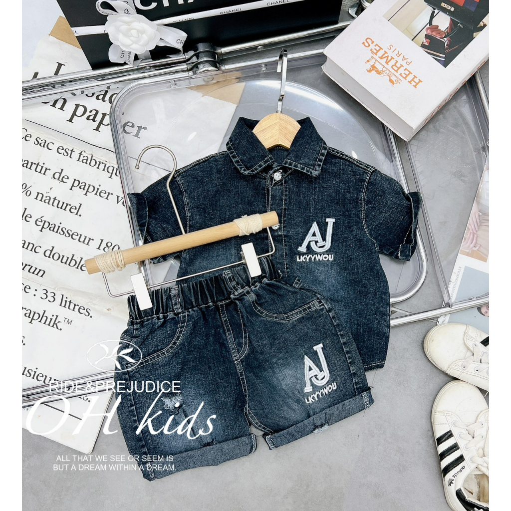 Đồ bộ bé trai , Set bộ jeans cộc tay Áo sơ mi bò thêu chữ AJ sắc nét phối quần bò ráchsành điệu cho bé