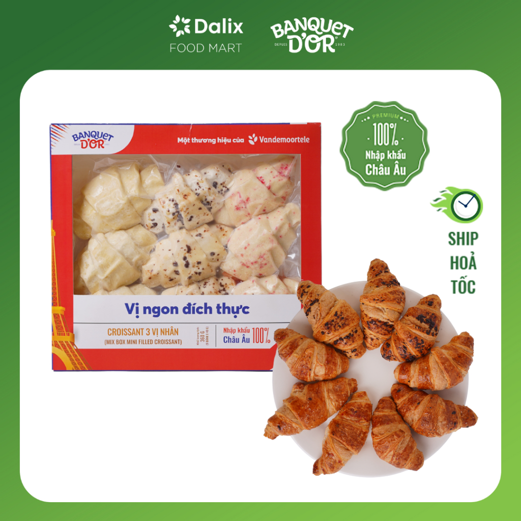 BÁNH CROISSANT 3 VỊ NHÂN (MÂM XÔI, MƠ, HẠT DẺ) - 360 gr (9 bánh x 40 g, 3 vị x 3 chiếc) NHẬP KHẨU