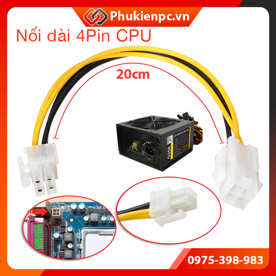 Cáp nối dài nguồn 4Pin CPU, dài 20cm (MOD, DIY PC). Sử dụng nối dài dây nguồn CPU bị ngắn, dùng cho máy tính PC.