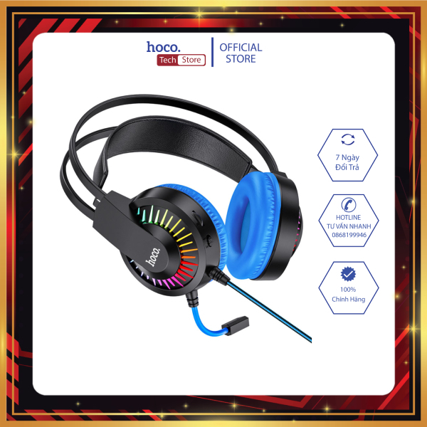 Tai nghe dây gaming có micro HOCO W105, loa 40 mm, đầu cắm USB + 3,5 mm, cáp 2m, hiệu ứng đèn LED nhiều màu sắc