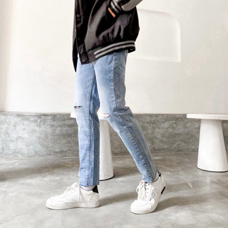 [sale] Quần jean nam rách gối co giãn chất bò màu xanh phom ôm dáng slimfit skinny cao cấp giá rẻ hà nội pon.mens