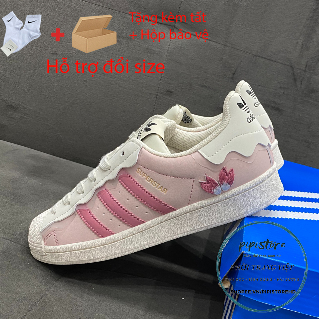 Giày adidas superstar, adidas Sò hồng, màu hồng kem bản S.C 2022 dây hồng full box
