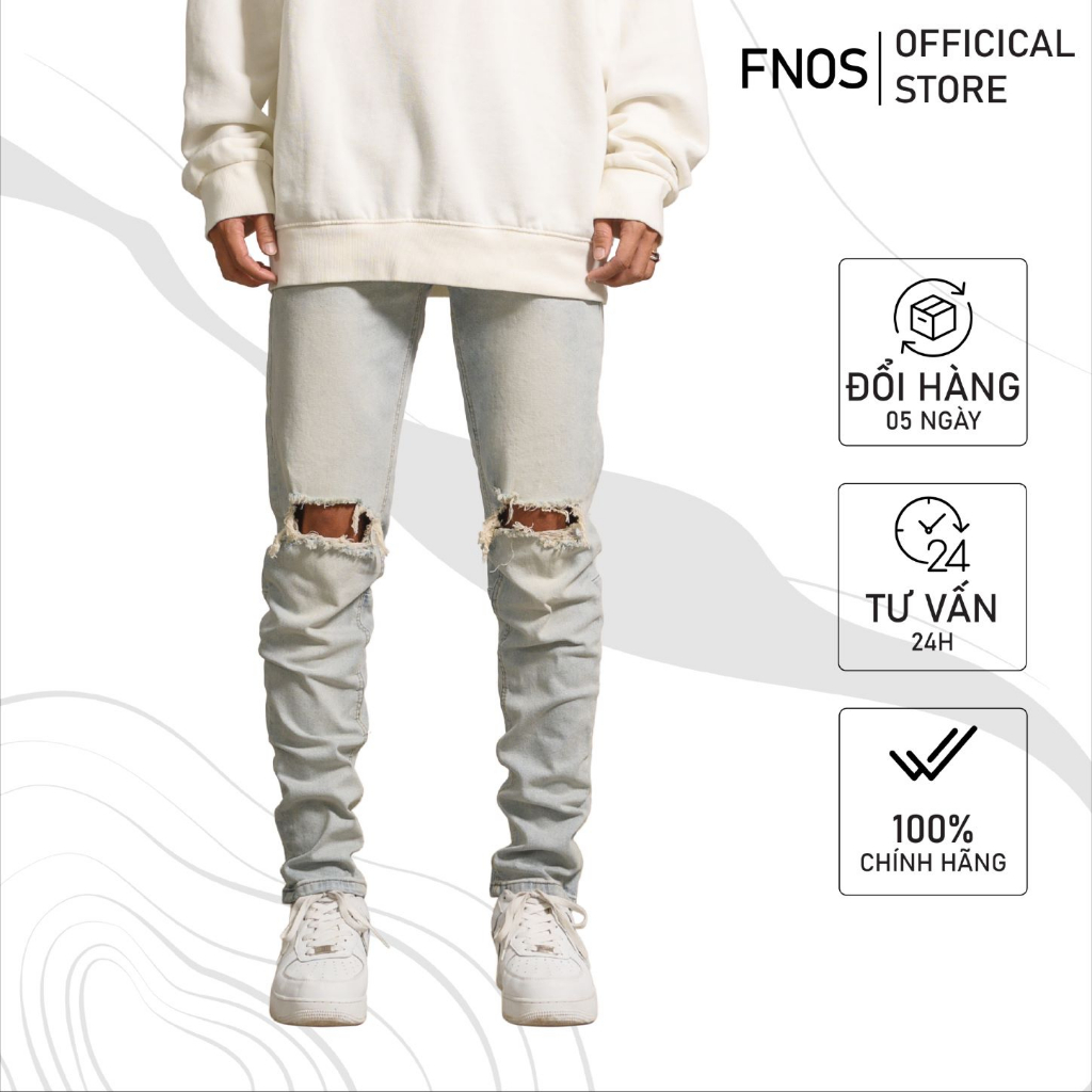 Quần jean nam streetwear cao cấp FNOS NZ8 màu xanh wash bạc rách gối form slimfit  jean co giãn