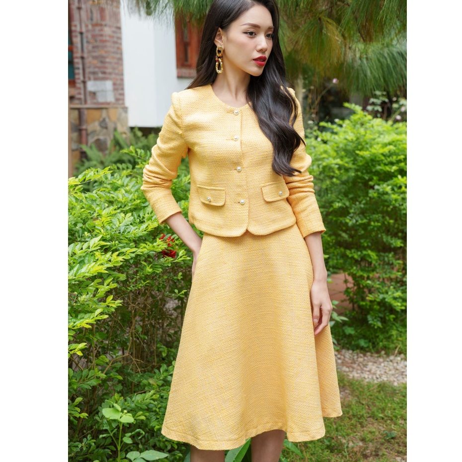 De Leah - Áo Suông Tweed Dài Tay & Chân váy midi tweed xòe - Thời Trang Thiết Kế