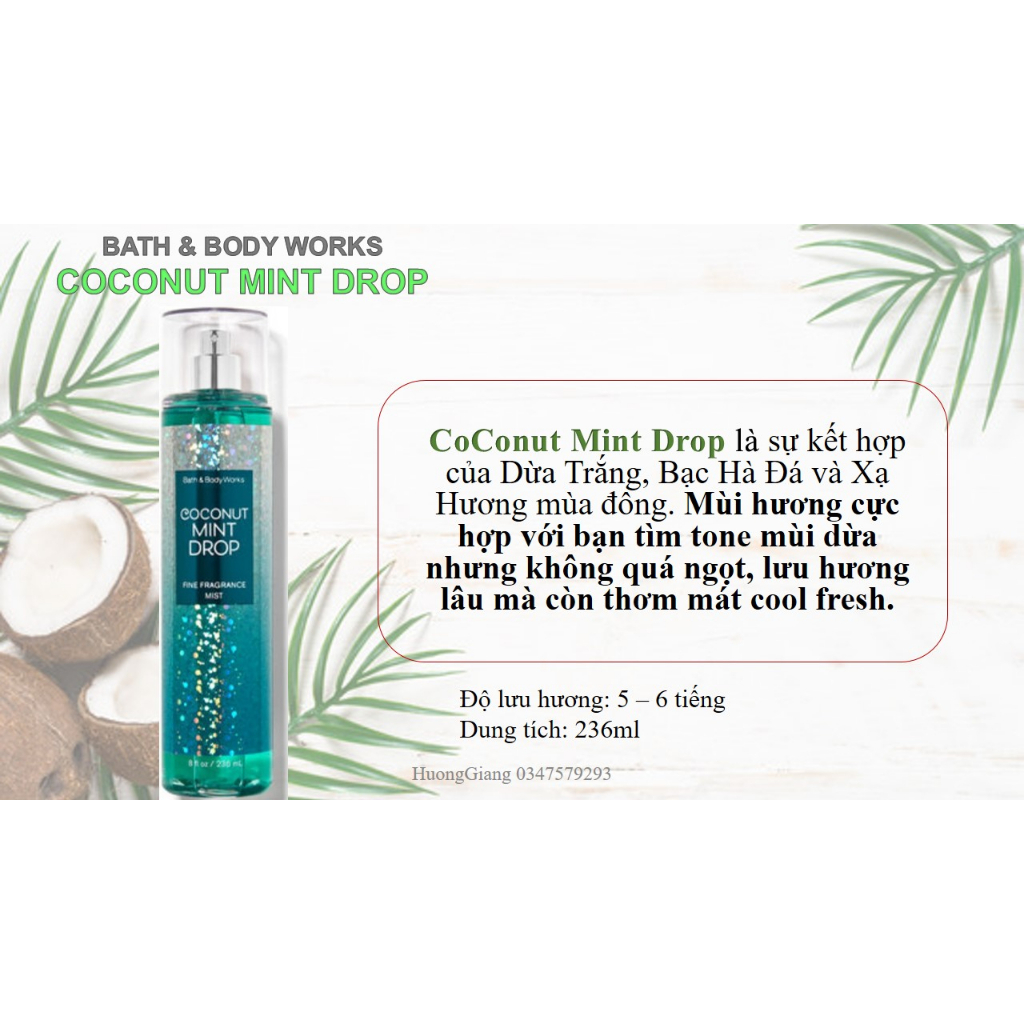 Xịt thơm Bodymist GIÁ RẺ Coconut Mint Drop Nam Nữ - Chai chiết 10ml