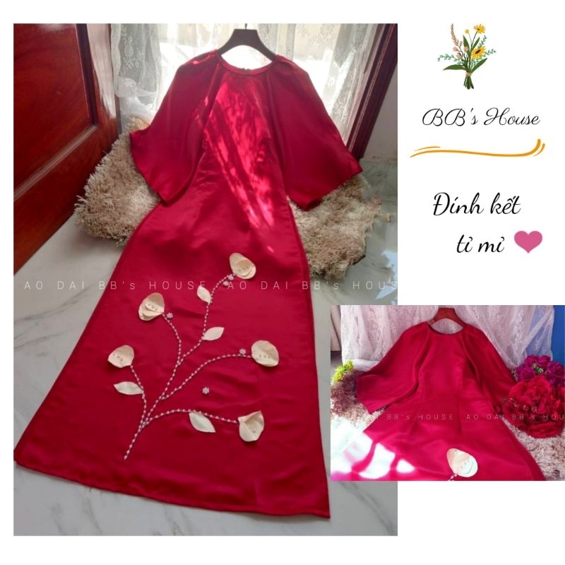 Áo dài cách tân vải tata kết tay hoa nổi sang chảnh, áo dài vai cách điệu xinh lắm nha
