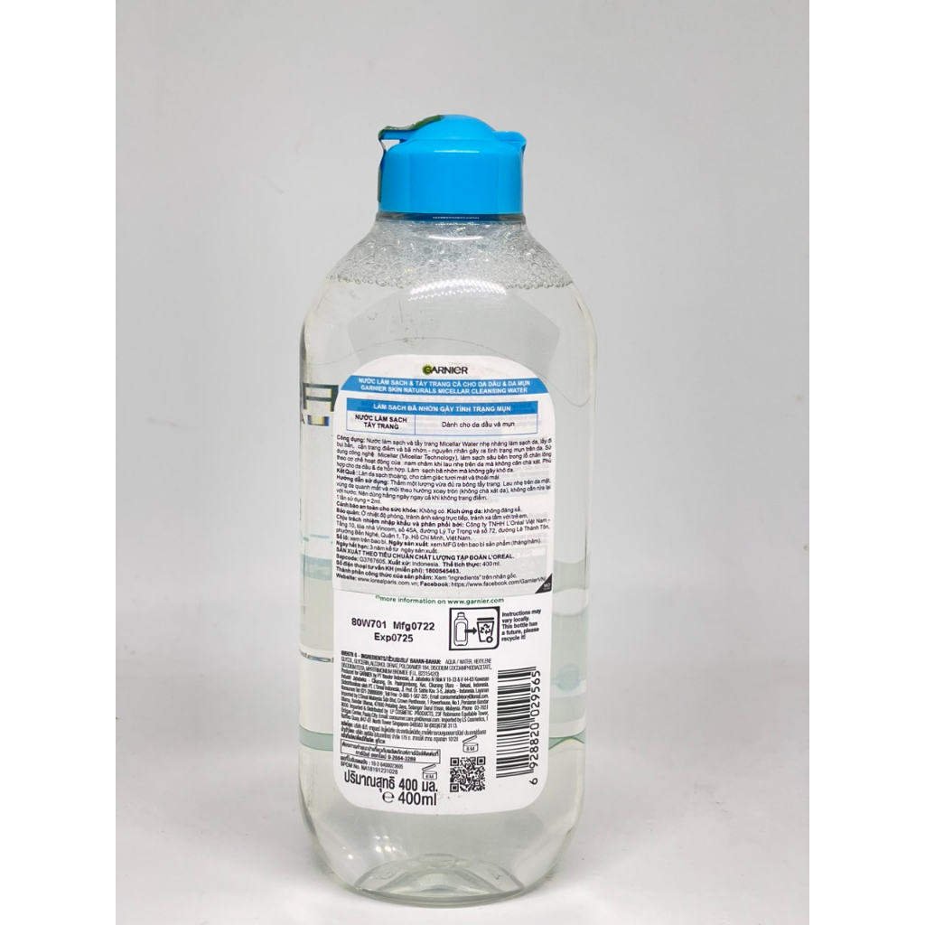 Nước Tẩy Trang Micellar Garnier Hồng/ Vàng/ Xanh Skinactive Cleansing Water 400Ml