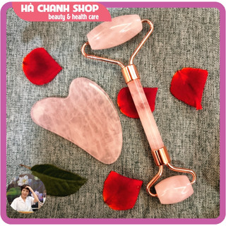 [Combo] Đá Guasha Hình Tim + Cây Lăn Massage Mặt Đá Thạch Anh Hồng Hai Đầu Mát Xa Mặt Mắt Đẩy Tinh Chất Chăm Sóc Da