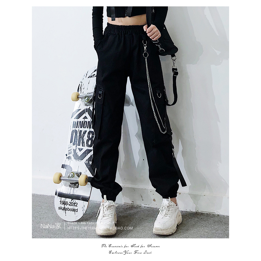Quần Dài Hip Hop Lưng Cao Dáng Rộng Mỏng Q041 Quần jogger bo gấu Có Dây Xích Phong Cách Harajuku Hàn Quốc Cho Nữ