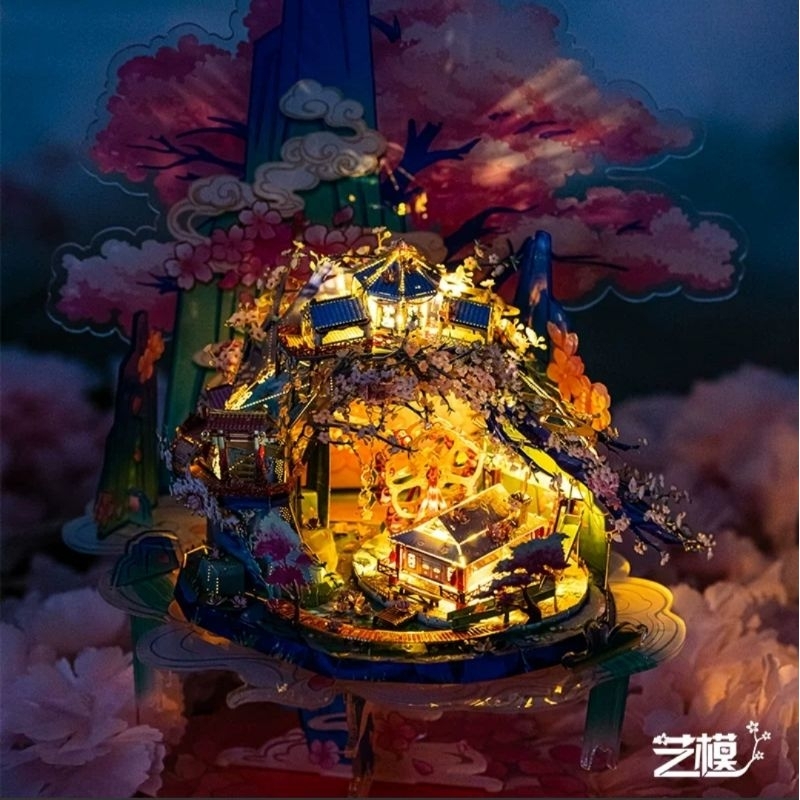 Mô hình 3D đình viện hoa đào, mô hình lắp ráp kim loại, có đèn LEP