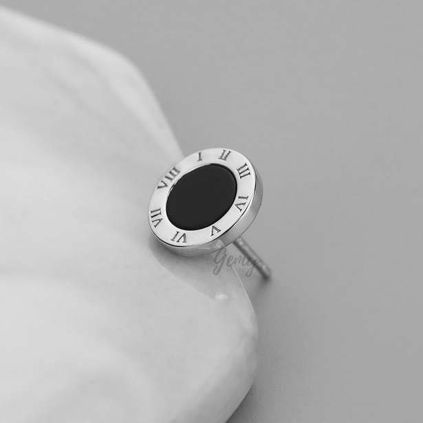 Khuyên tai nam bông bạc 925 mặt đá đen khắc số la mã Latin Numbers độc đáo, cá tính, unisex (1 chiếc)| GEMY SILVER KN40