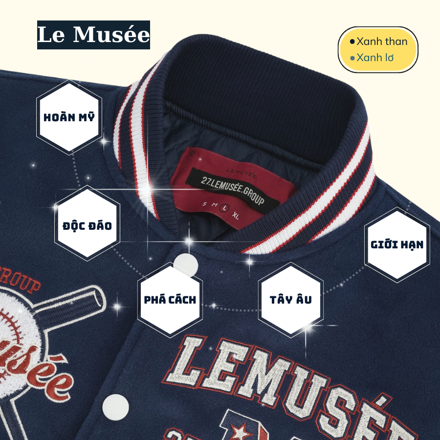 Áo Khoác Varsity Le Musée Vải Lông Cừu 720gsm Chính Hãng 100% Màu Xanh Than