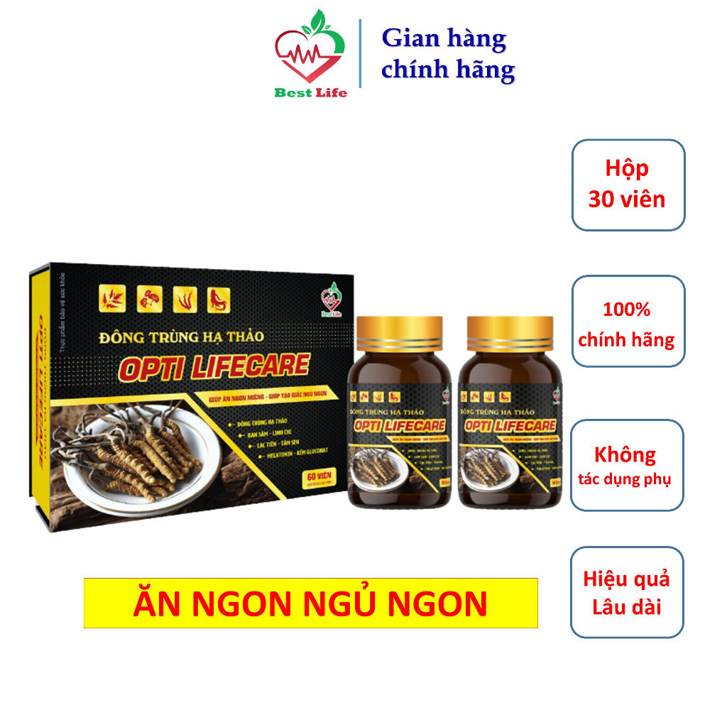 Đông trùng hạ thảo Best Life OPTI LIFECARE giúp ăn ngon ngủ tốt cải thiện mất ngủ mệt mỏi suy nhược cơ thể hộp 60 viên