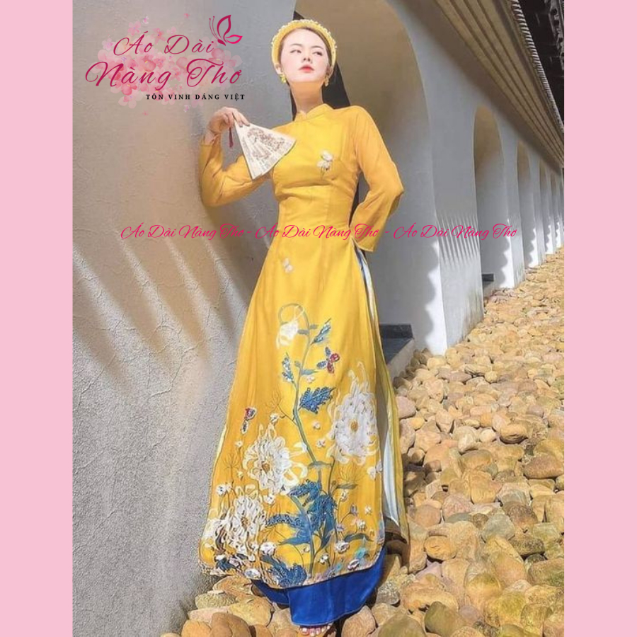 Áo dài lụa cách tân nữ 4 tà màu vàng may sẵn cao cấp - Áo dài Nàng Thơ