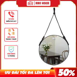 Gương dây da RIBO HOUSE D50cm mặt kính cường lực, gương trang trí homestay nhà nghỉ khách sạn cà phê RIBO107