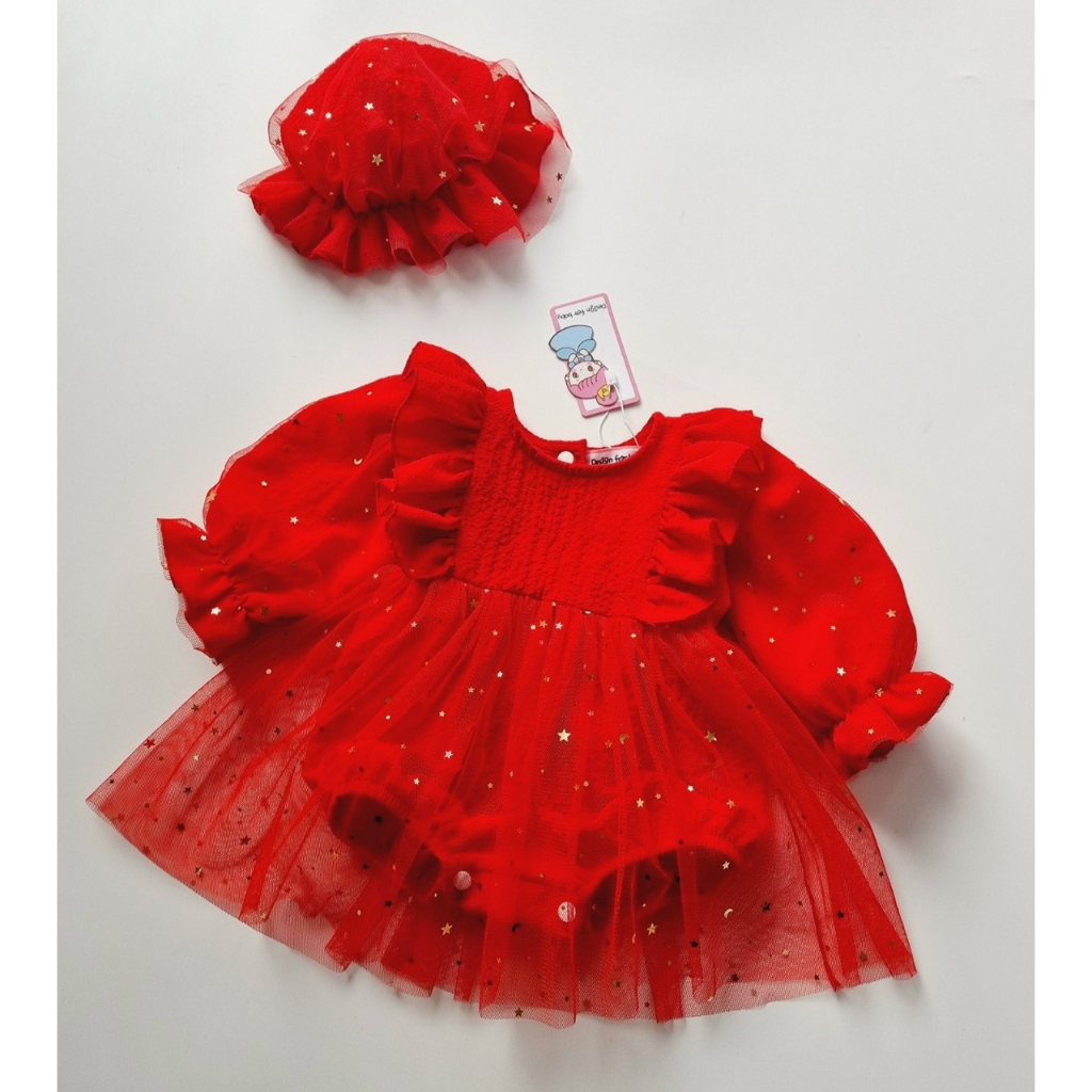 Body cho bé gái kiểu váy ren kèm mũ màu đỏ sơ sinh đến 18 tháng