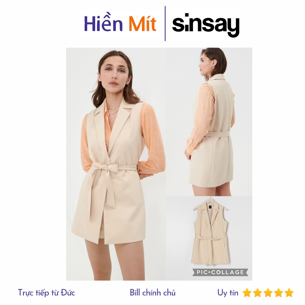 Sinsay Đức - Áo vest dáng ghile màu kem kèm dây nịt eo sale auth cao cấp chính hãng có sẵn 5977J-02X