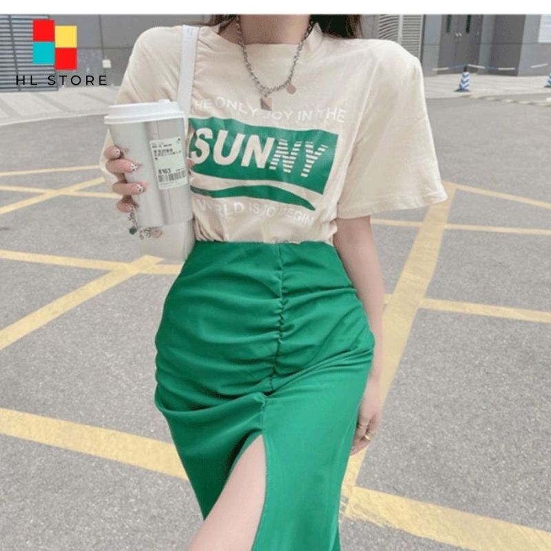 Set áo thun tay ngắn Sunny + Chân váy chữ A lưng cao xẻ đùi phong cách Ulzzang