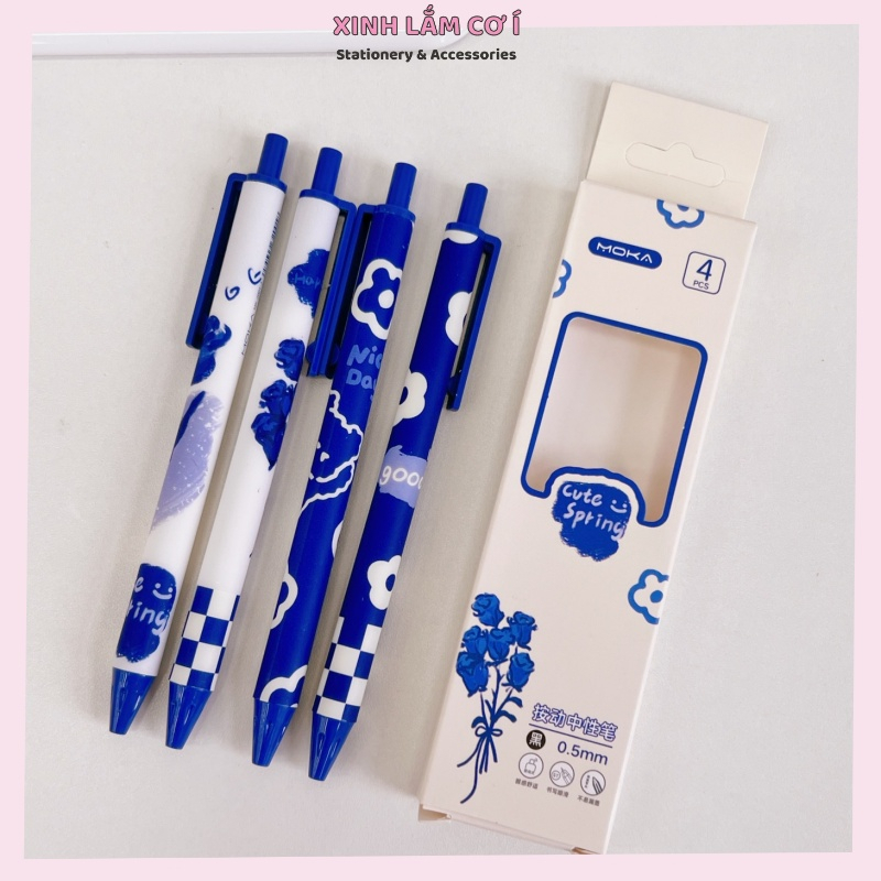 Sét 4 bút  Moka mực Gel Đen 0.5mm in hình hoa xinh xắn