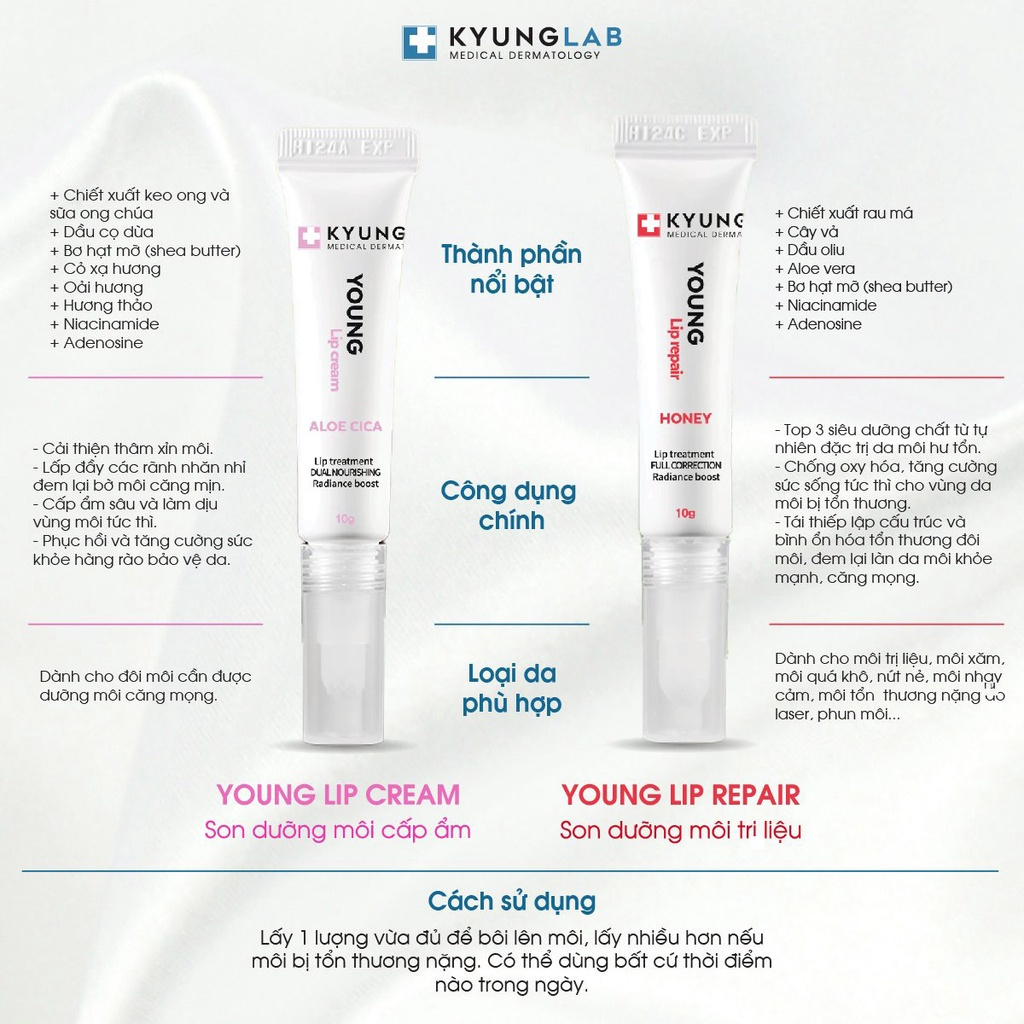 Son Dưỡng Và Son Treatment Kyunglab Cấp Ẩm Môi Căng Mịn Young Lip Cream & Repair Cho Môi Hư Tổn 10g - Gazumi Beauty