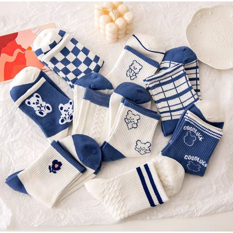 Set 5 đôi tất vớ xanh cao cổ họa tiết gấu phối màu trẻ trung trendy hàng đẹp giá rẽ mẫu mới hot hit