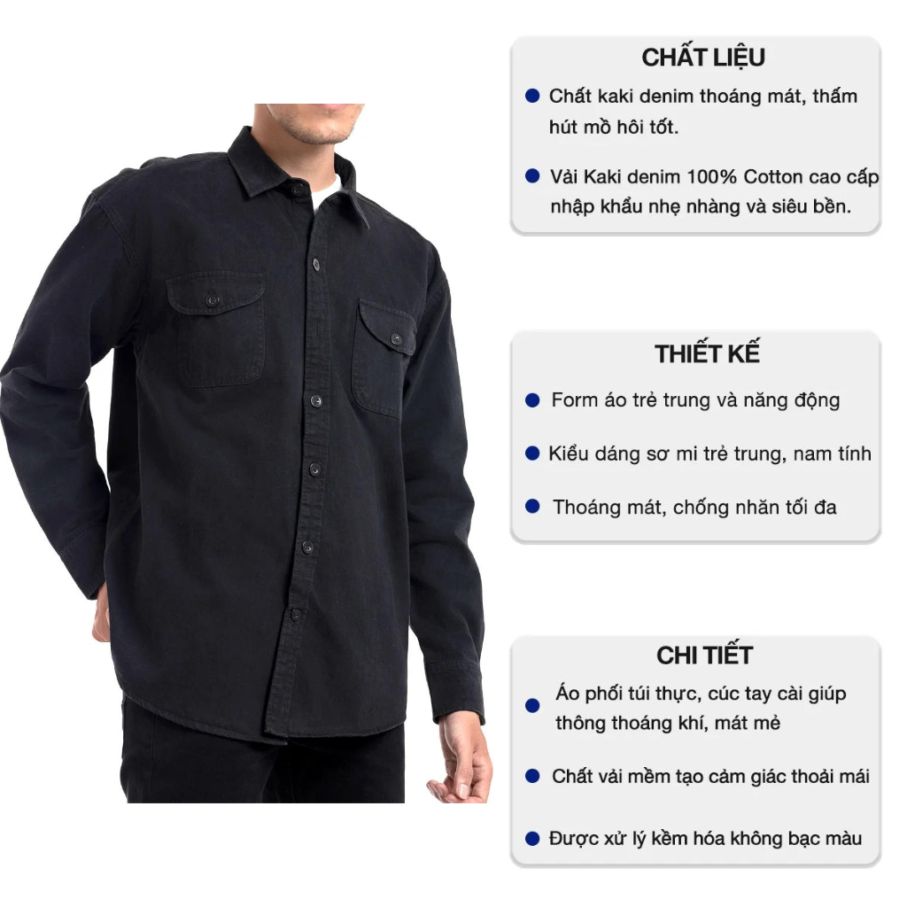 Sơ mi nam kaki 2 túi GEN ALPHA , chất vải kaki dày dặn, form slimfit thoáng mát GEN095