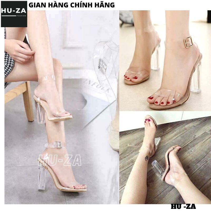 Giày cao gót quai trong 7-9p gót dẹt trong suốt chắc chắn, Sandal quai ngang sang trọng tôn dáng lên form chuẩn - HUZA