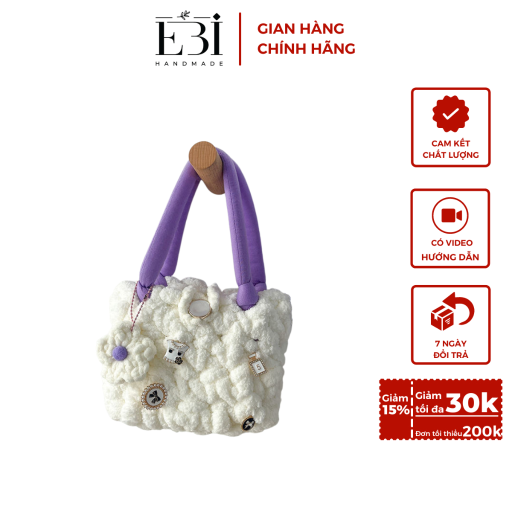 Túi tự đan EBI HANDMADE hình đám mây len quai bông mềm mịn, đầy đủ phụ kiện móc len - ES55