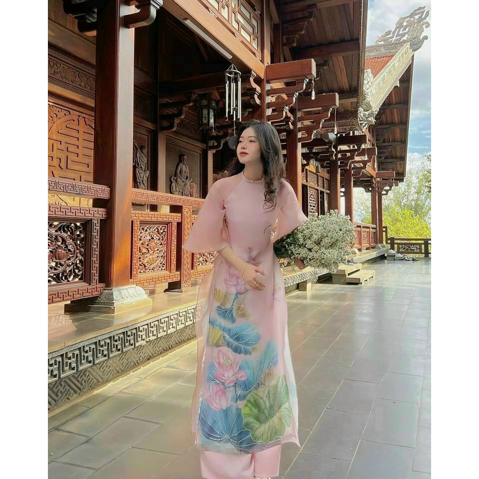 Áo dài dài Organza (quần+áo) trắng hồng