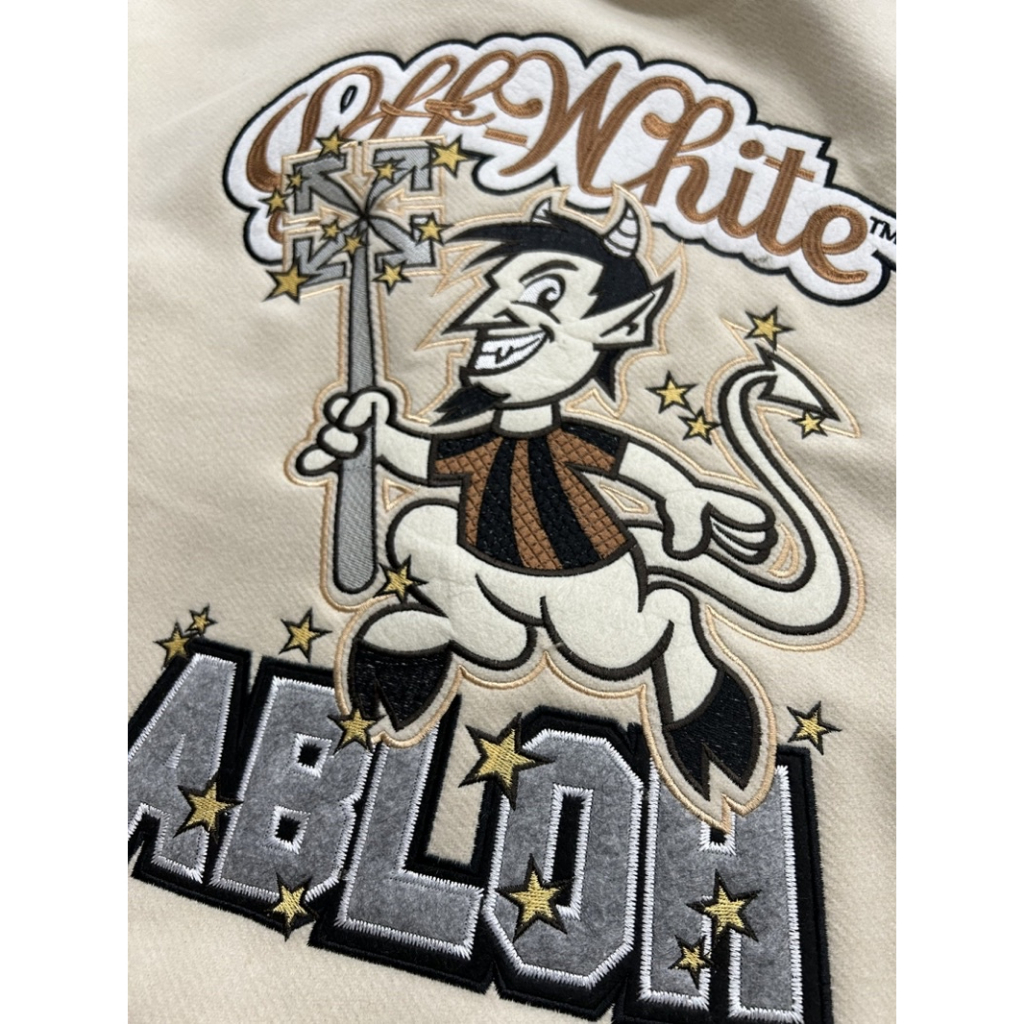 Áo khoác Bomber Varsity Jacket O.ff White AC Milan chất dạ 2 lớp phối tay da Pu cao cấp, Áo khoác bóng chày - Yoshop