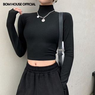 Áo croptop tay dài nữ cổ lọ chất vải thun gân co giãn kiểu ôm body bomhouse