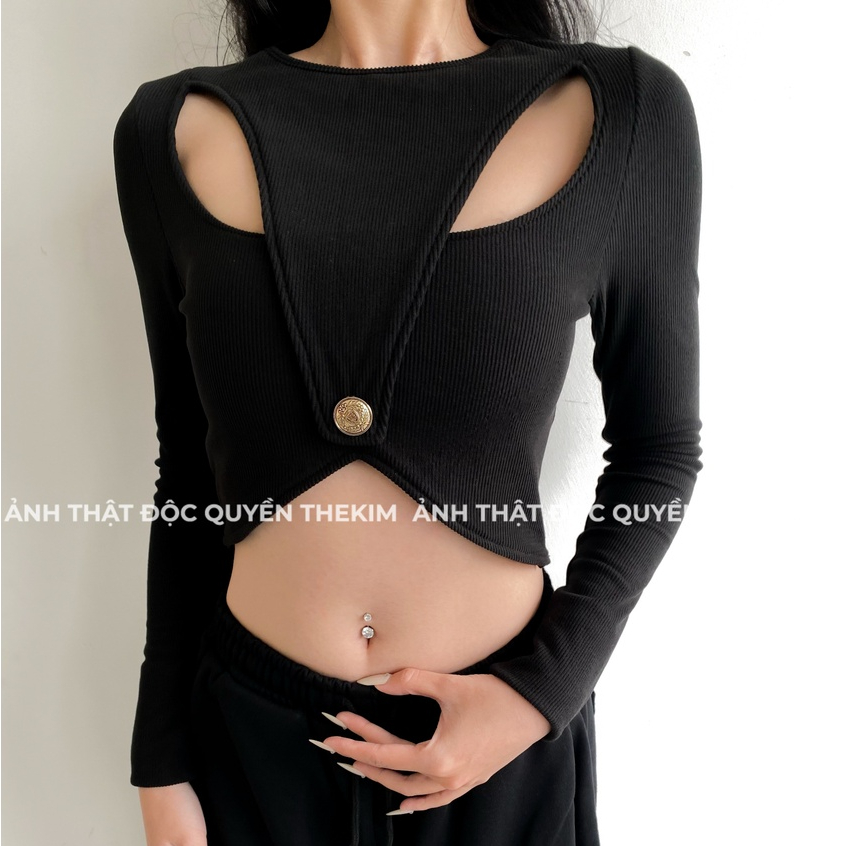 Áo len croptop dài tay khoét ngực The Kim , áo thun tăm gân tay dài A171 | BigBuy360 - bigbuy360.vn