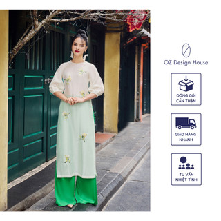 Áo dài OZ Design House AD02242TET22 organza cổ tròn tay bồng thêu hoa cúc màu trắng ngọc trai