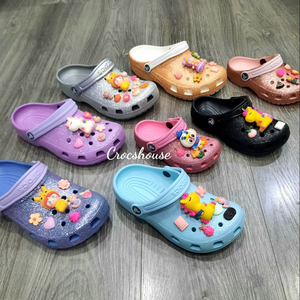 Dép sục cross classic kim tuyến kids cao cấp thiết kế đúc nguyên khối đế chống trơn trơn trượt êm tặng kèm jibbits 2d